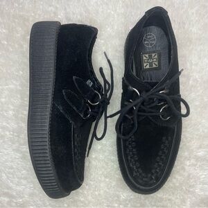 T.U.K black suede Viva Mondo low creeper platform loafer